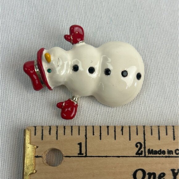 Vintage Snowman Brooch Pin Holiday Christmas White Red Goldtone - Picture 5 of 6